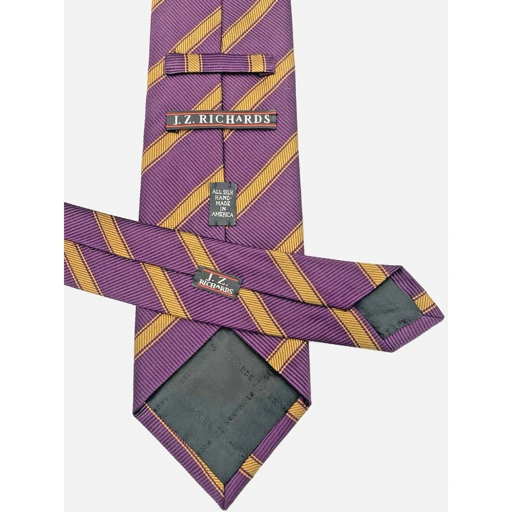 JZ Richards Repp 100% Silk Men's Tie Purple Gold Hand Made in USA - 61